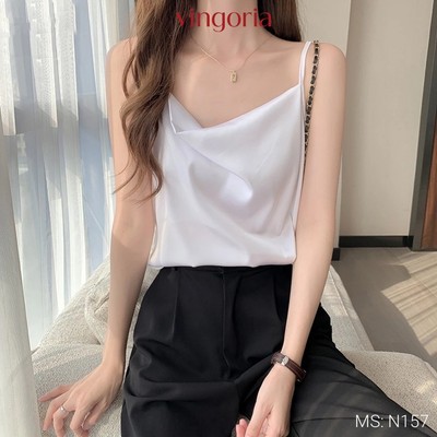 Áo hai dây lụa Pháp cổ V siêu xinh VINGO/VINGORIA N157
