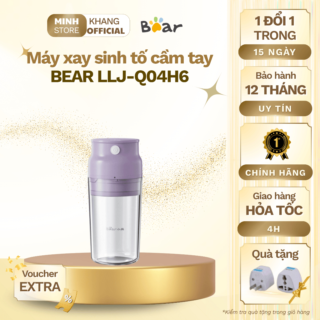 Máy xay sinh tố cầm tay BEAR LLJ-Q04H6 màu tím, sạc điện chính hãng,dung tích 300ml