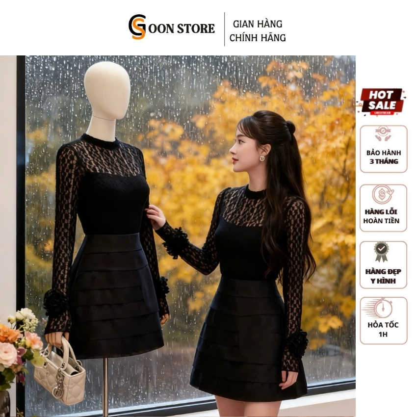 Đầm ren tay dài đính hoa váy Tafta xếp tầng sang xịn 2 màu tiểu thư Goon Store