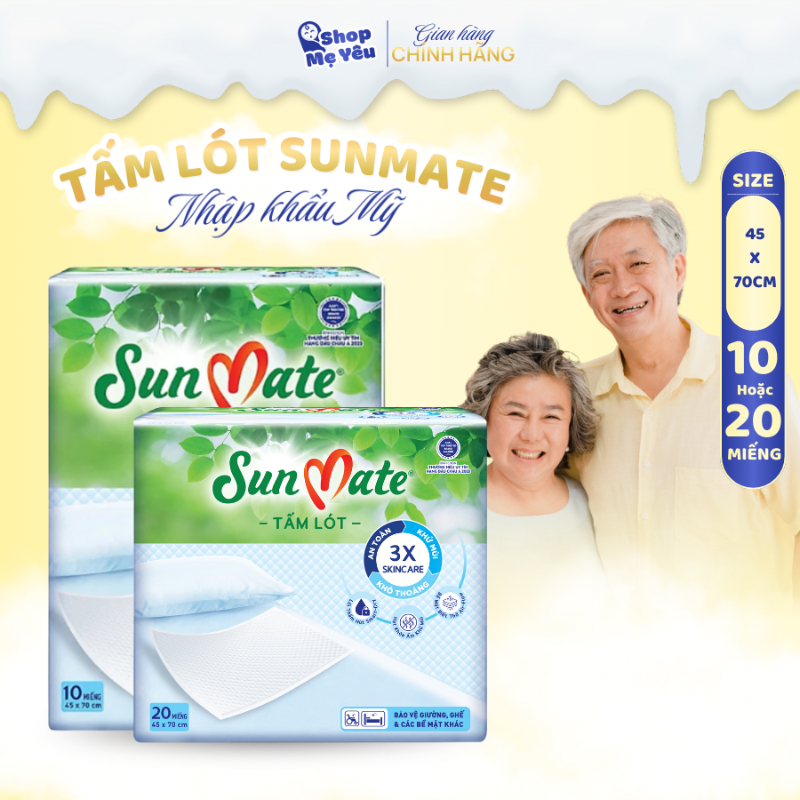Tấm lót SunMate 10/20 miếng 45x70cm – siêu thấm, chống tràn, giữ vệ sinh cho trẻ sơ sinh & người lớn