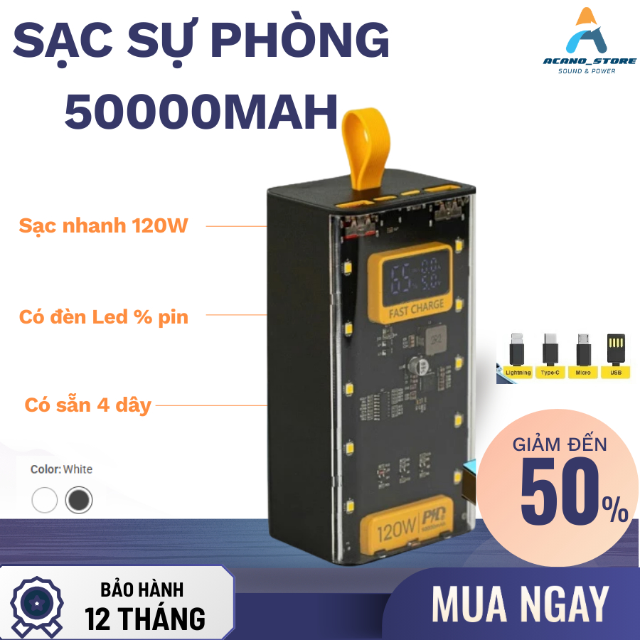 SẠC DỰ PHÒNG  50000mAh –120W SẠC SIÊU NHANH, MÀN HÌNH LED, 4 CỔNG SẠC, VỎ TRONG SUỐT CAO CẤP