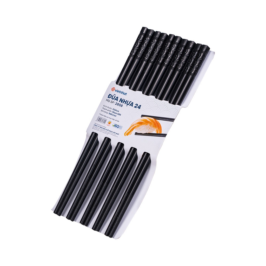 Vỉ 10 đôi đũa nhựa đen 24cm Việt Nhật 2858, Đũa nhựa cao cấp, Đũa nhựa chống trơn hoa văn đẹp mắt
