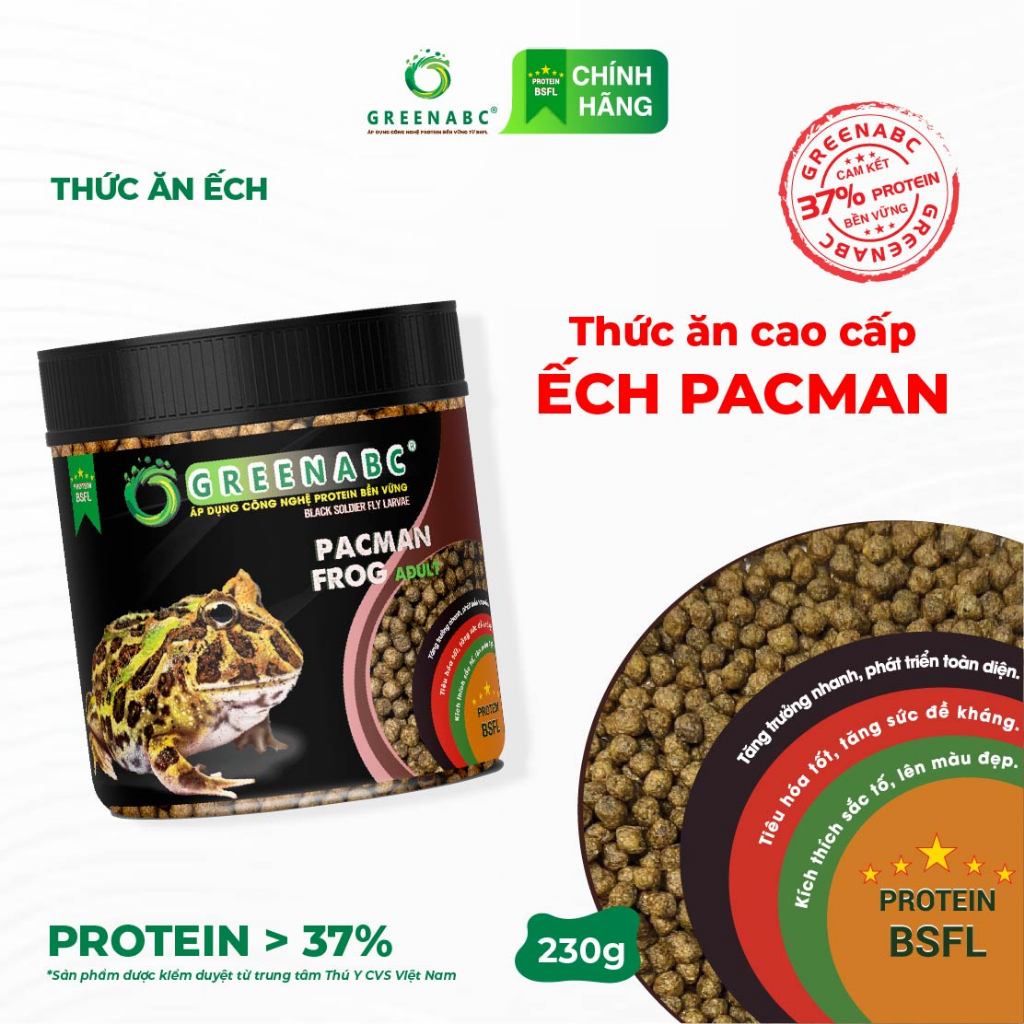 Thức ăn Ếch Pacman GREENABC  – Protein 37, tiêu hóa tốt, lên màu đẹp, ăn ngon – Hộp 50g & 230g.