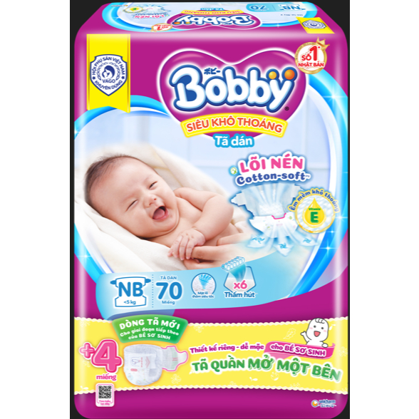 Tã dán sơ sinh Bobby NB70 miếng - Lõi nén cotton 3mm