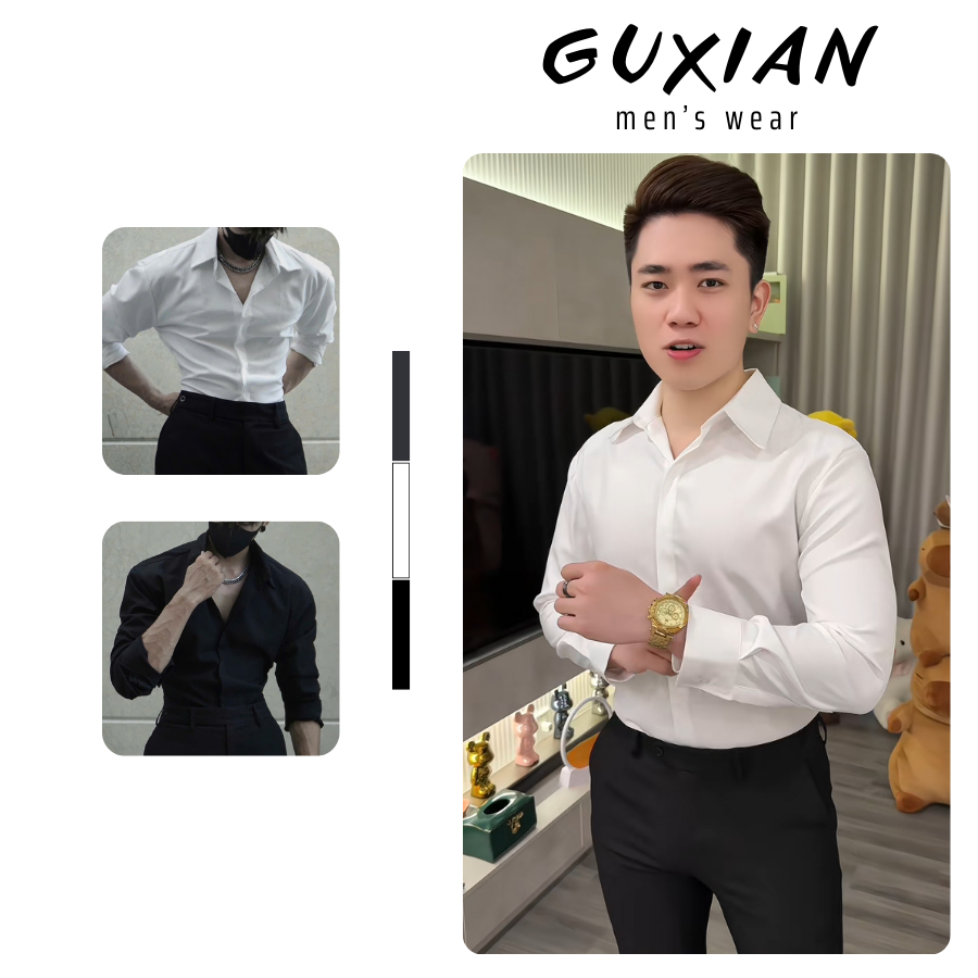 Áo Sơ Mi Nam Tay Dài Hack Vai GUXIAN, Áo Sơ Mi Độn Vai Hack Dáng Siêu Đỉnh Chất Liệu Lụa Mango SMP17