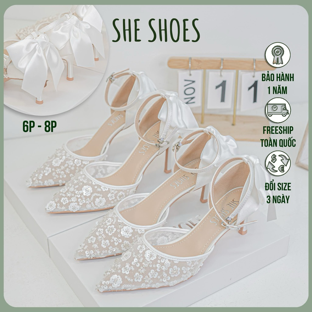 GIÀY CƯỚI REN HOA ĐÍNH NƠ LỤA GÓT VÒNG CỔ CAO 6P - NEW ARRIVAL - GC06011