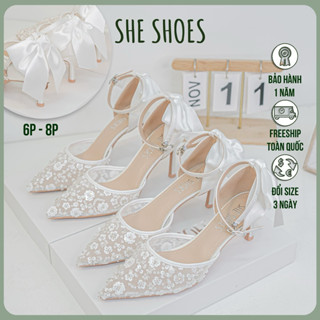 GIÀY CƯỚI REN HOA ĐÍNH NƠ LỤA GÓT VÒNG CỔ CAO 6P - NEW ARRIVAL - GC06011