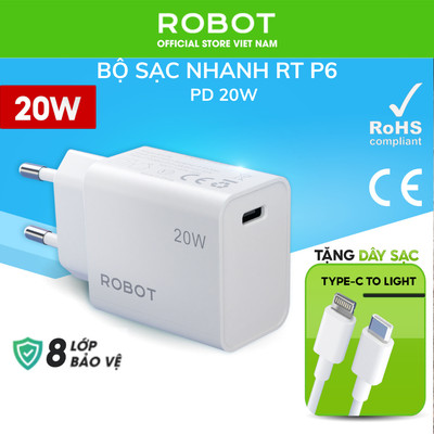 Cốc Sạc Nhanh 20W Nguồn 3A Robot RT-P6 Kèm Dây Cáp Sạc TypeC To Laining - Bảo Hành 1 Đổi 1