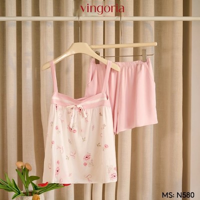 Bộ ngủ 2 dây mặc nhà lụa Pháp VINGO/VINGORIA xuân hè N580