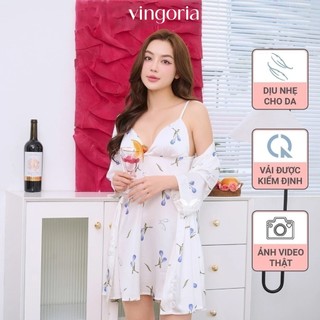  Set Áo Choàng Ngủ Kèm Váy 2 Dây Lụa VINGO VINGORIA Tay Lỡ Họa Tiết Hoa Sang Trọng M166 