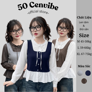  Áo Sơ Mi Nữ Dài Tay Phối Nỉ Tăm Dáng Babydoll Buộc Nơ Cổ Bèo Có Bigsize 45-75kg Phong Cách Korea #334 