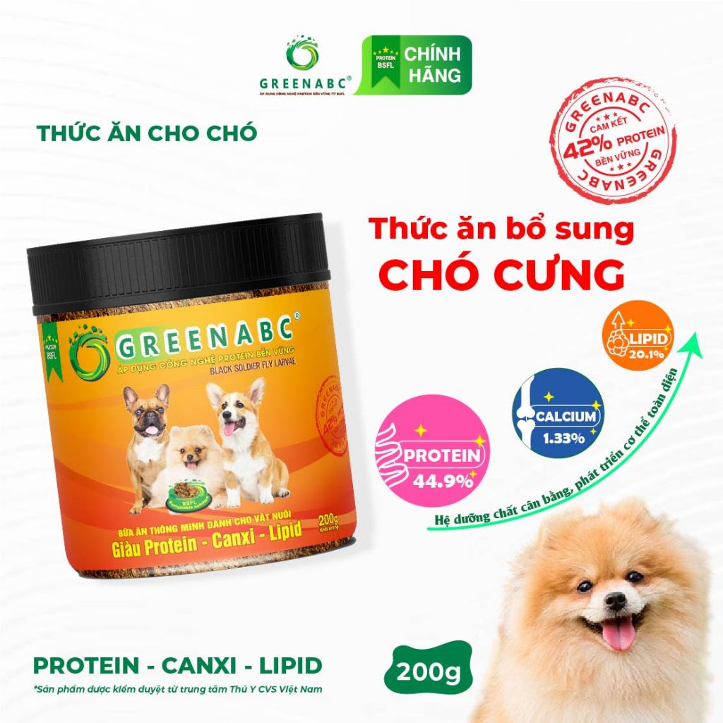 Thức ăn cho Chó GREENABC - Protein 44.9, canxi 1.33, lipid 20.1 bổ sung dinh dưỡng - Hộp 200g