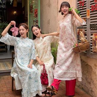   HAVANA  CÓ BIGSIZE - Áo dài voan tơ khảm lông vũ VÂN GIÁC phối buộc nơ đính cúc hạt kèm quần Satin AD193 