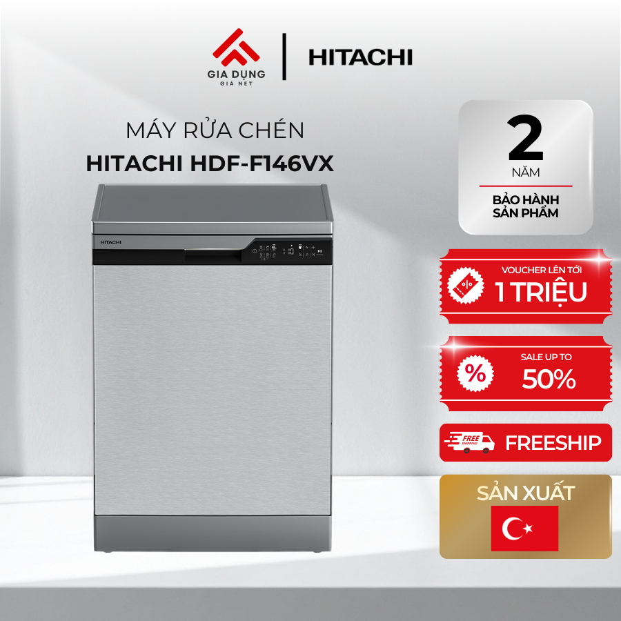 Máy Rửa Chén Độc Lập HITACHI HDF-F146VX - 3-4 bữa ăn Việt (14 bộ châu Âu) - Bảo hành chính hãng 24 t