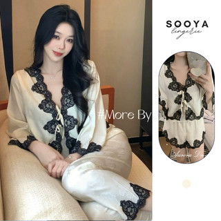 Bộ ngủ lụa bốn món SOOYA phối ren đen cao cấp mềm mại mát da mặc nhà sang trọng [N133]