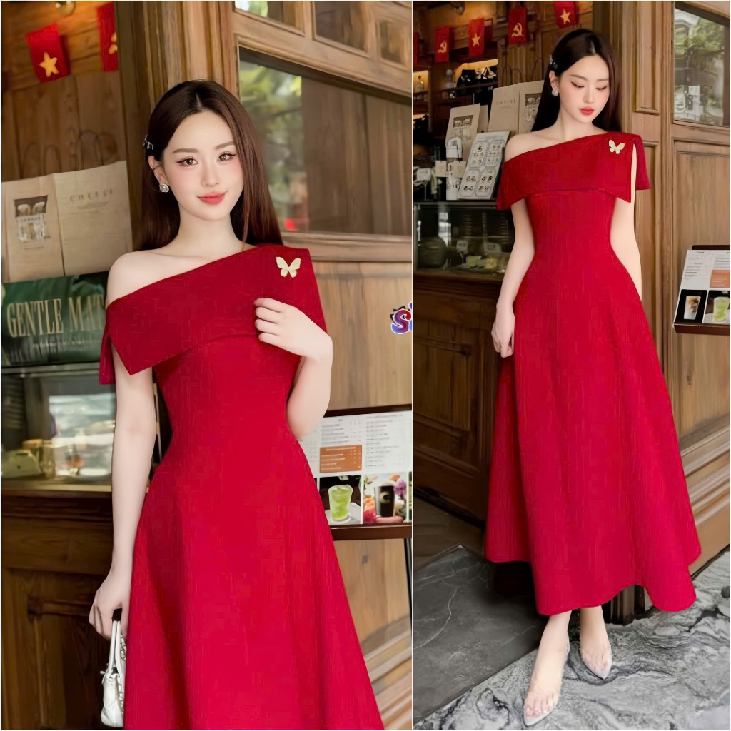 Đầm Đỏ Dự Tiệc Lệch Vai H187 (Kèm Tag) Dáng Xoè Mặc Đi Cưới Đi Tết Đi Chơi Noel - Akara Closet