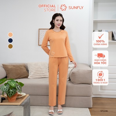 Đồ bộ mặc nhà nữ cotton compact áo dài quần dài , bộ cotton trung niên SUNFLY SP2246