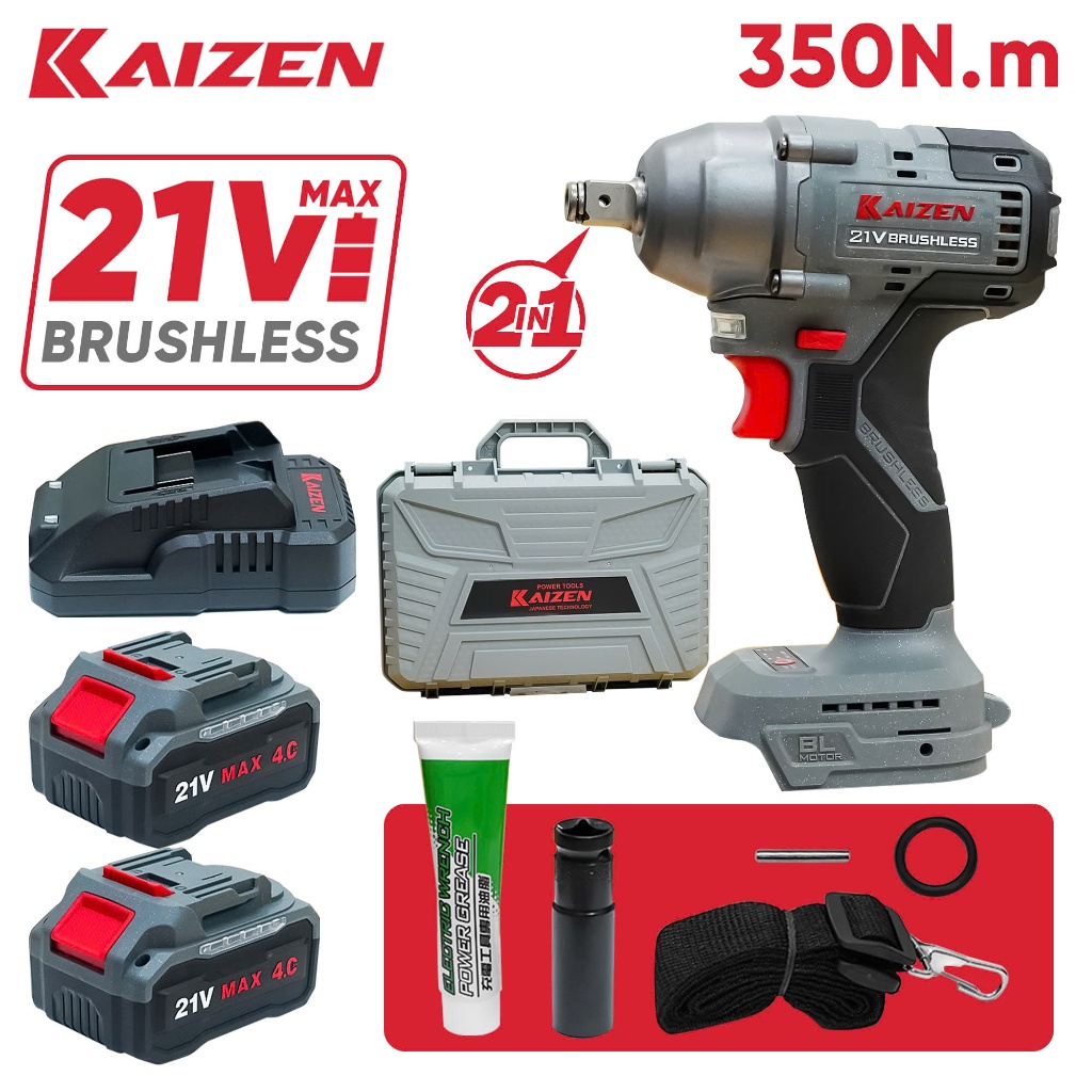 Máy siết bu lông và siết vít lực 350Nm Kaizen IW350PRO,không chổi than,chân pin phổ thông,đầu 2 in 1