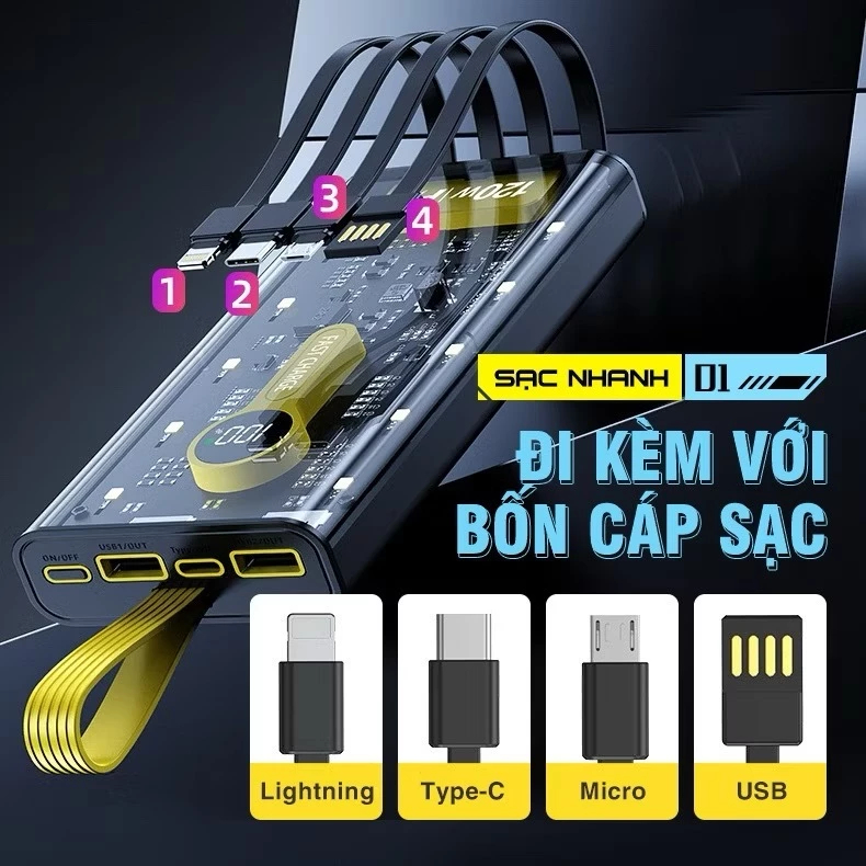 Sạc Dự Phòng 50000mAh Sạc Nhanh 120W  Thiết Kế Mới Đèn Led RGB Hiện %pin  Kèm 4 Đầu Sạc Tiện Lợi | BigBuy360 - bigbuy360.vn