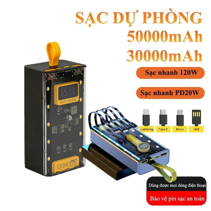 Sạc Dự Phòng 50000mAh Sạc Nhanh 120W  Thiết Kế Mới Đèn Led RGB Hiện %pin  Kèm 4 Đầu Sạc Tiện Lợi | BigBuy360 - bigbuy360.vn
