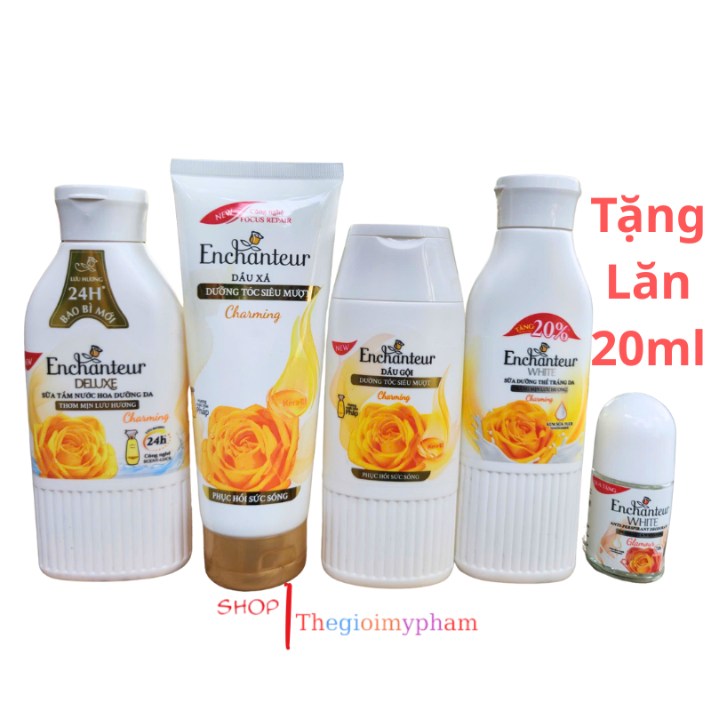 [Tặng Lăn 20ml]Combo Gội Enchanteur 180g + Xả 170g + Tắm 180g + Dưỡng 200g