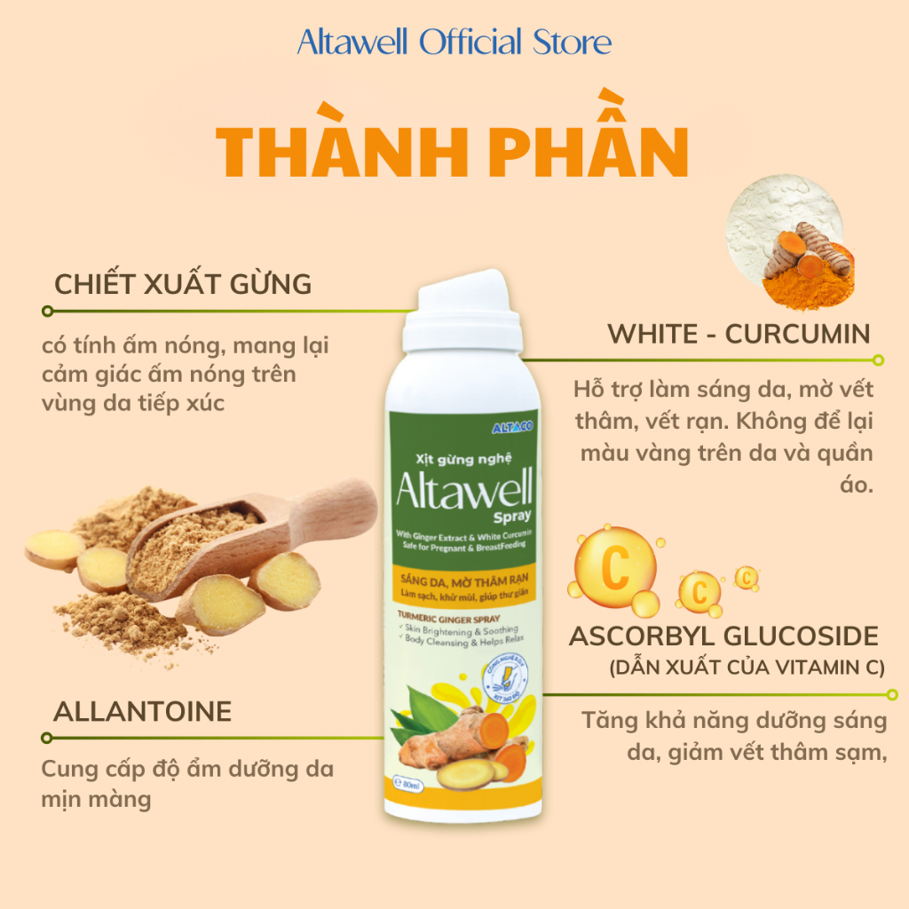 Xịt Gừng Nghệ Altawell Body 80ml Hỗ Trợ Khử Mùi Sáng Da, Mờ Thâm Rạn, Thành phần Gừng Ủ Nóng Da Tiếp Xúc Phù Hợp Cho Mẹ
