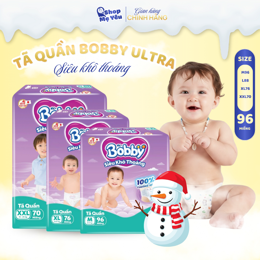 Tã quần Bobby Ultra mẫu mới M96/L88/XL74/XXL68 siêu thấm hút thoáng khí 360° cho bé