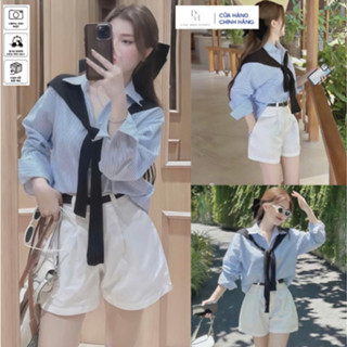 Đầm váy nữ set 4 món áo sơ mi đũi sọc choàng cổ rời quần mango có túi kèm nịt phụ hợp đi biển du lịch DH Studio 