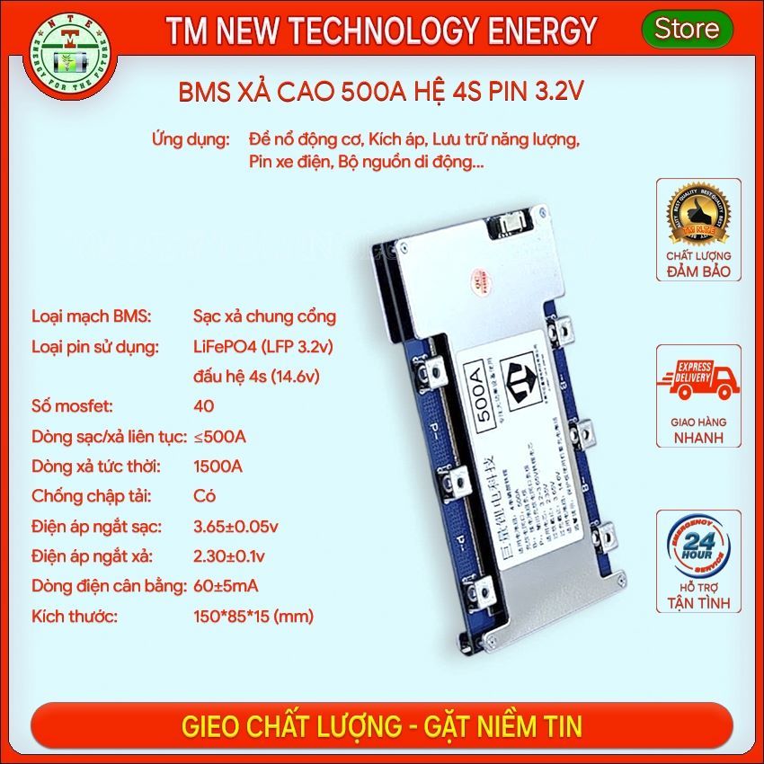 Mạch BMS 4S 500A xả tức thời 1500A dùng cho pin LiFePO4 (LFP) 3.2v, chuyên dùng làm mạch đề cho động