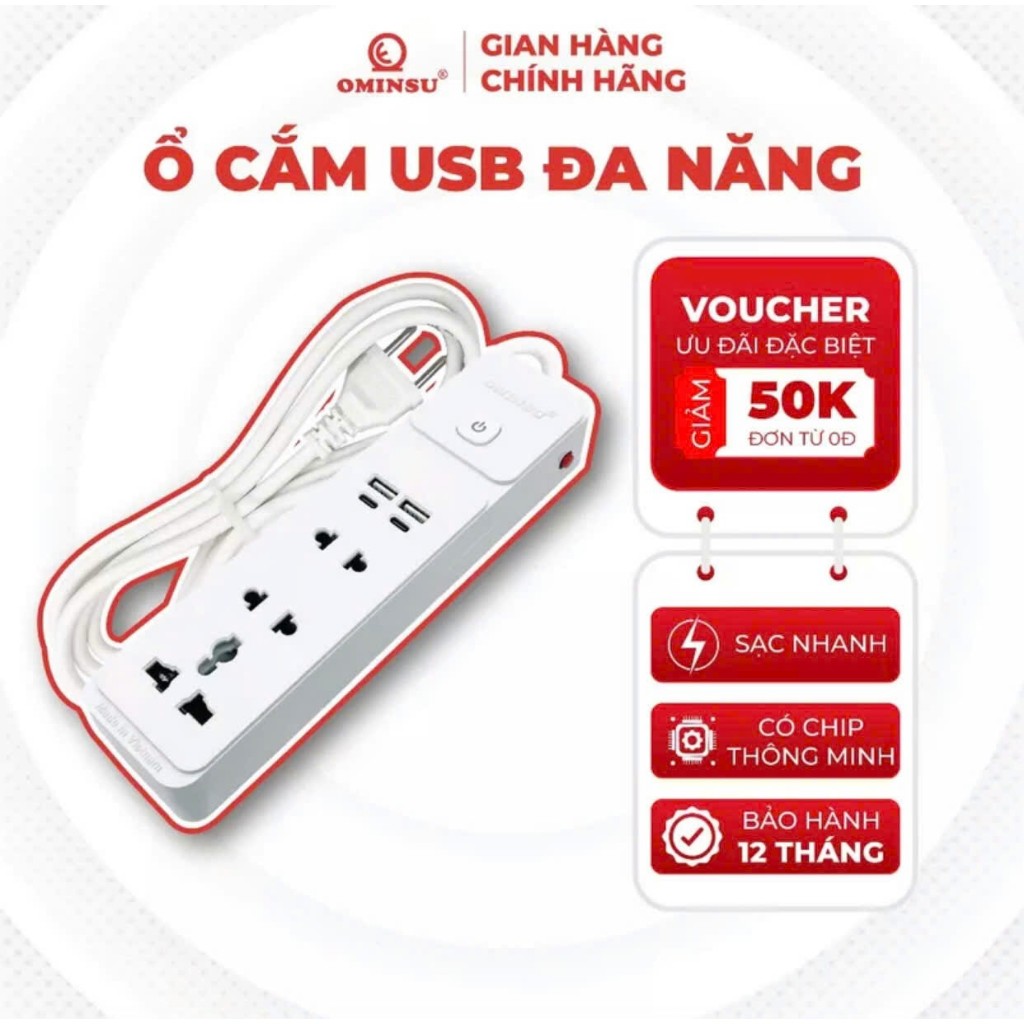 Ổ cắm điện kèm cổng sạc nhanh có dây OMINSU (Chính hãng)