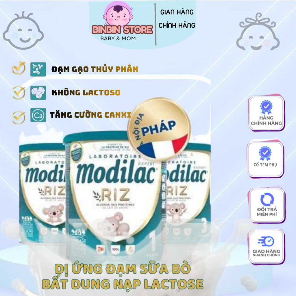Sữa Bột Modilac Riz, Hộp 800g cho Trẻ dị ứng đạm sữa bò,bất dung lạp Lactose NK chính hãng-Date xa