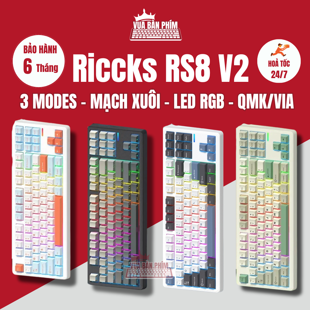 [HÀNG SẴN] Bàn phím cơ Riccks Rs8 | riccks rs87 V2 không dây, mạch xuôi, led rgb, gasket mount, host