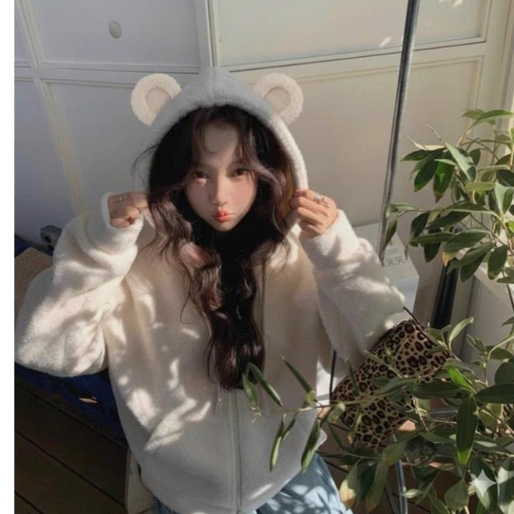 Áo khoác NỈ LÔNG  tai gấu  ấm áp, Áo lông gấu mũ trùm đầu KHÓA dễ thương UT