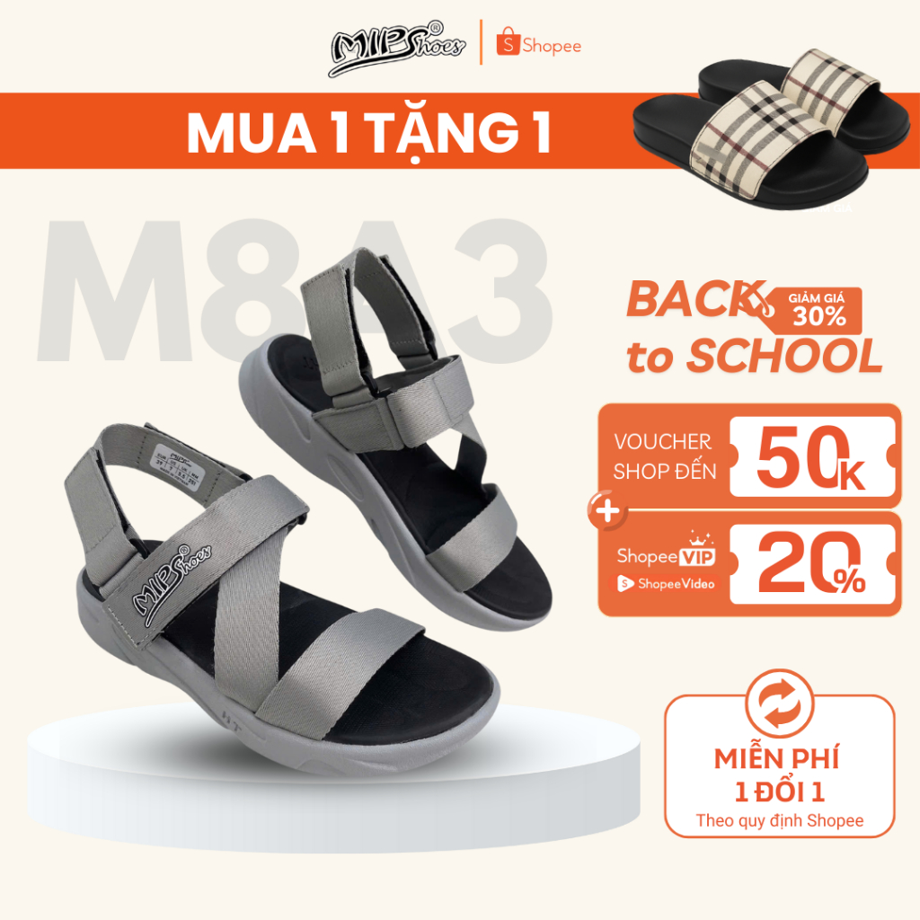 [SALE][M8A3] Giày sandal unisex XÁM Mipshoes đi chơi, đi học sandal quai chéo chống trơn trượt
