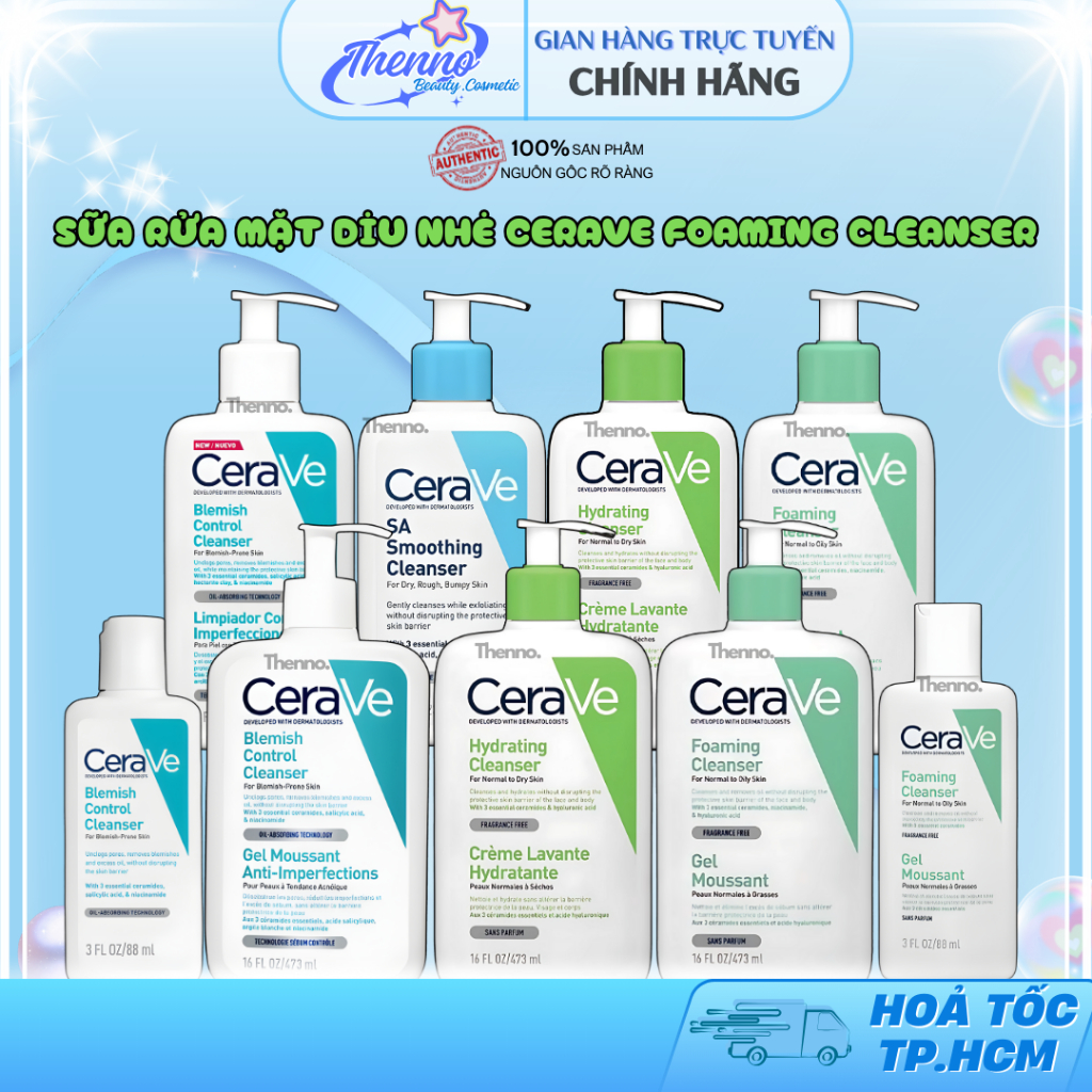 Sữa Rửa Mặt Dịu Nhẹ Sạch Sâu Cerave Foaming Cleanser,Hydrating Cleanser,SA Smoothing 88ml/236ml/473m