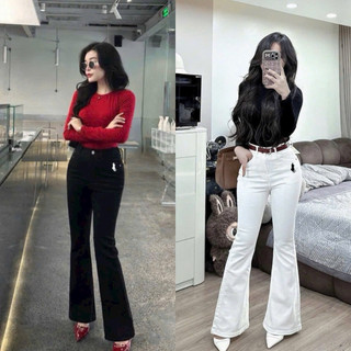  quần jeans ống loe màu trắng đen trơn lưng cao dài 100cm jean co giãn đẹp ạ 