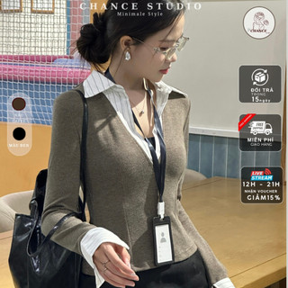  Áo Thun Kiểu Nữ Cổ Sơ Mi Kẻ Sọc ChanceStudio Dài Tay Chiết Eo Tôn Dáng Nữ Tính Hàn Quốc Thu Đông 