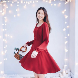 Đầm noel váy tết, váy dự tiệc màu đỏ tay dài nút bọc (kèm hình thật)