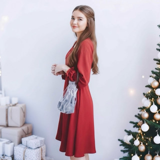 Đầm noel váy tết, váy dự tiệc màu đỏ tay dài nút bọc (kèm hình thật)