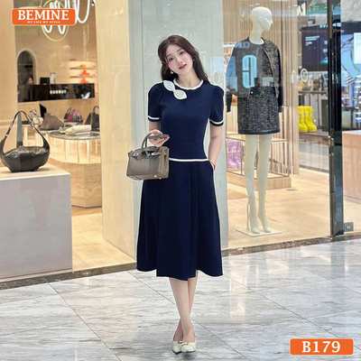 Đầm thiết kế BEMINE cổ tròn phối dây viền đính nơ dáng chữ A phù hợp đi làm-B179