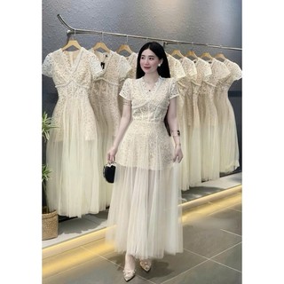  BIGSIZE HIẾU HIẾU  55-95KG  - Đầm ren hoa thiế kế nữ đi tiệc cổ v phồi viền ngọc sang chảnh D580 