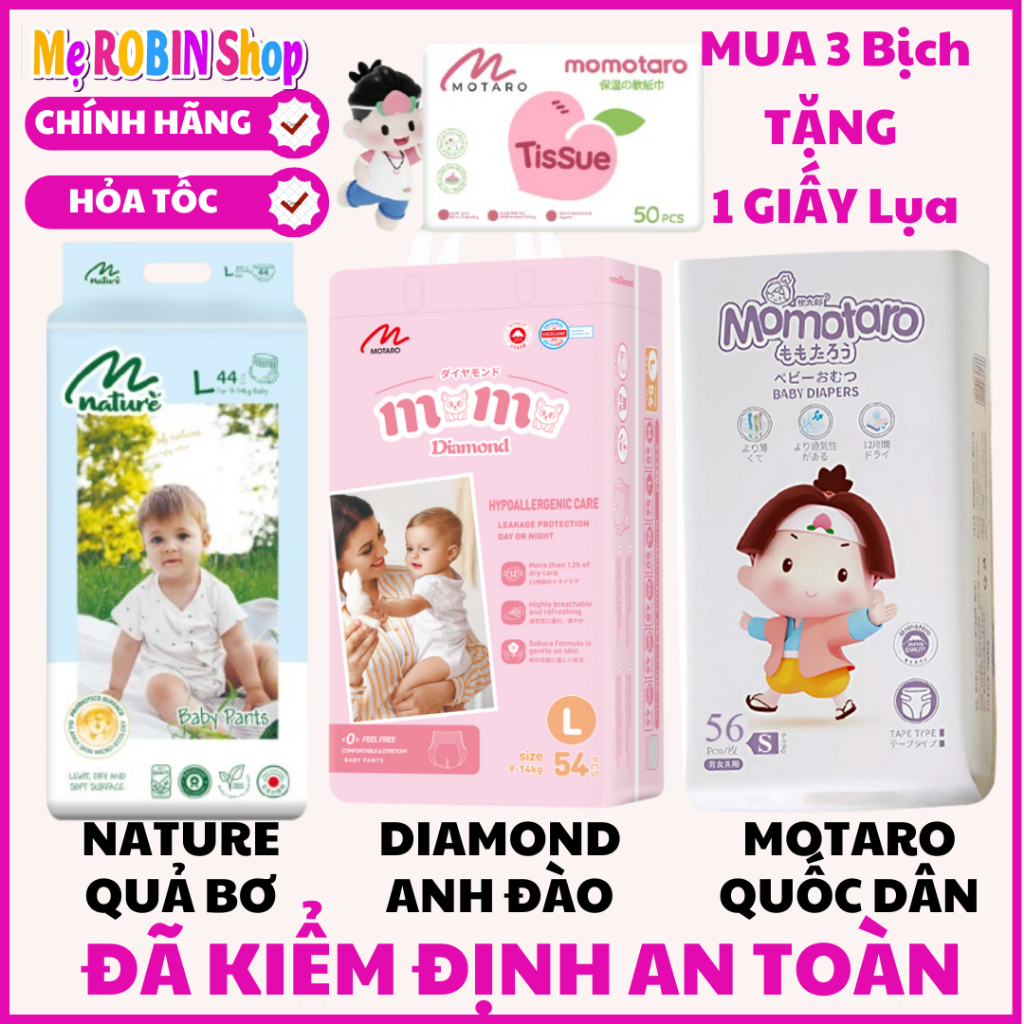 [Mua3-TặngGIẤYLụa]Bỉm Hữu Cơ;Tã Dán/Quần Momo DIAMOND Anh Đào/Momo NATURE Hạt Bơ/MomoTARO Quốc Dân (