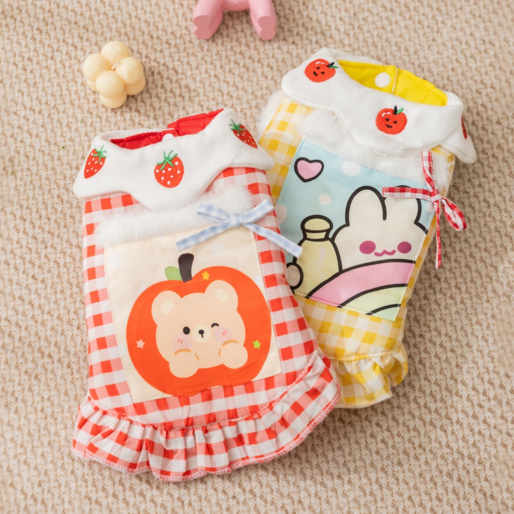 váy đầm lót bông - áo váy đầm carô táo dâu - đầm tết 2026 dành cho chó mèo - T3 PETS SHOP