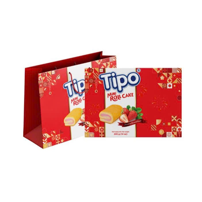 THÙNG 10 HỘP TIPO BÁNH BÔNG LAN CUỘN KEM HƯƠNG DÂU 396G (Bánh tết)