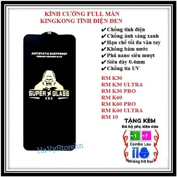 Kính cường lực KingKong Tĩnh Điện Full màn cho Redmi K60 / K60 Pro / K60 Ultra / K30 / K30 Pro / K30