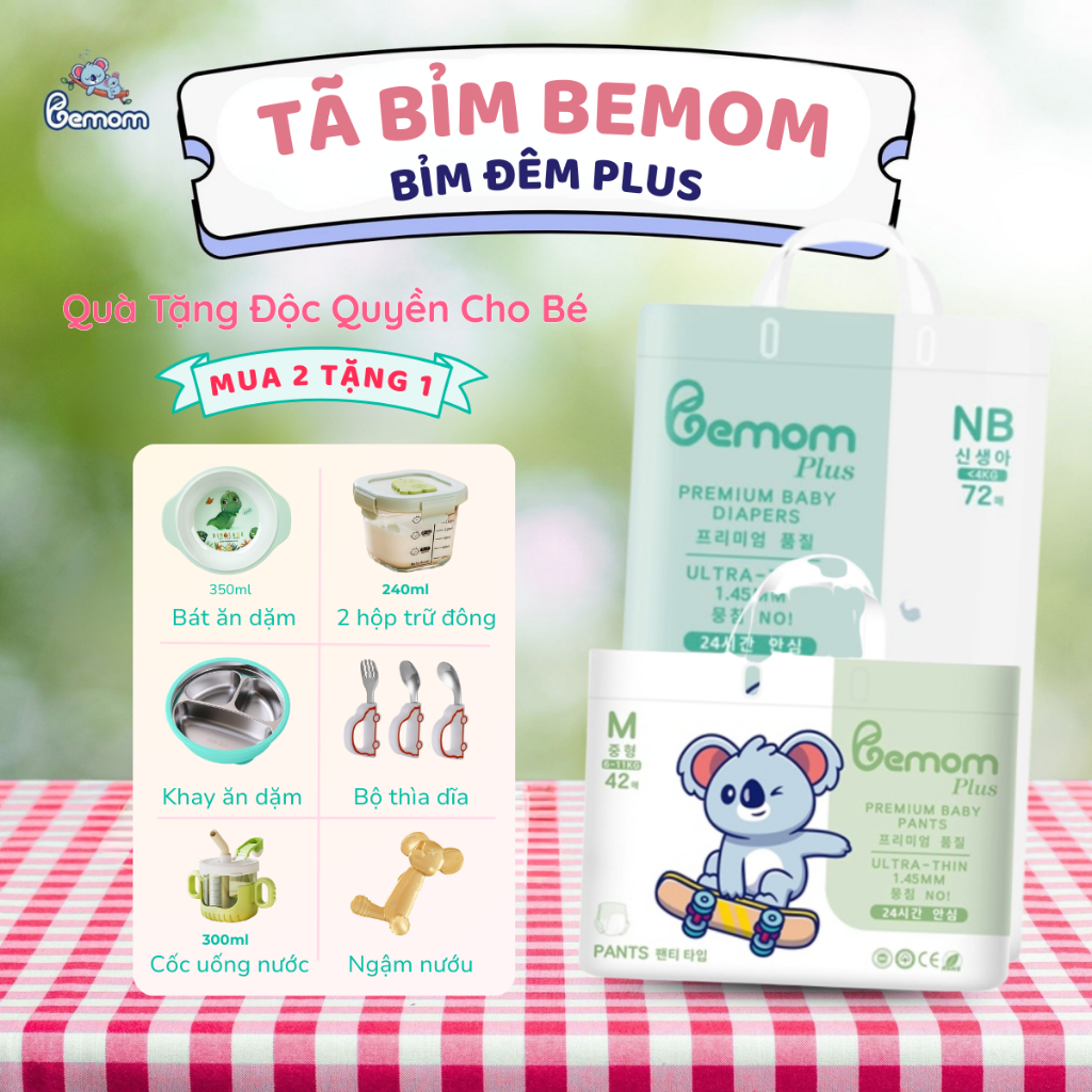 (2 Bịch Tặng Quà ) Tã Bỉm Hàn Quốc Đêm Bemom Plus - Siêu Mềm, Mỏng 1.45mm, Thấm Hút Vượt Trội, Thoán