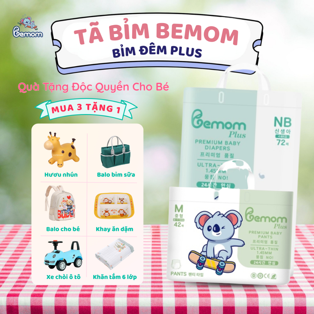 (3 Bịch Tặng Quà ) Tã Bỉm Hàn Quốc Đêm Bemom Plus - Siêu Mềm, Mỏng 1.45mm, Thấm Hút Vượt Trội, Thoán