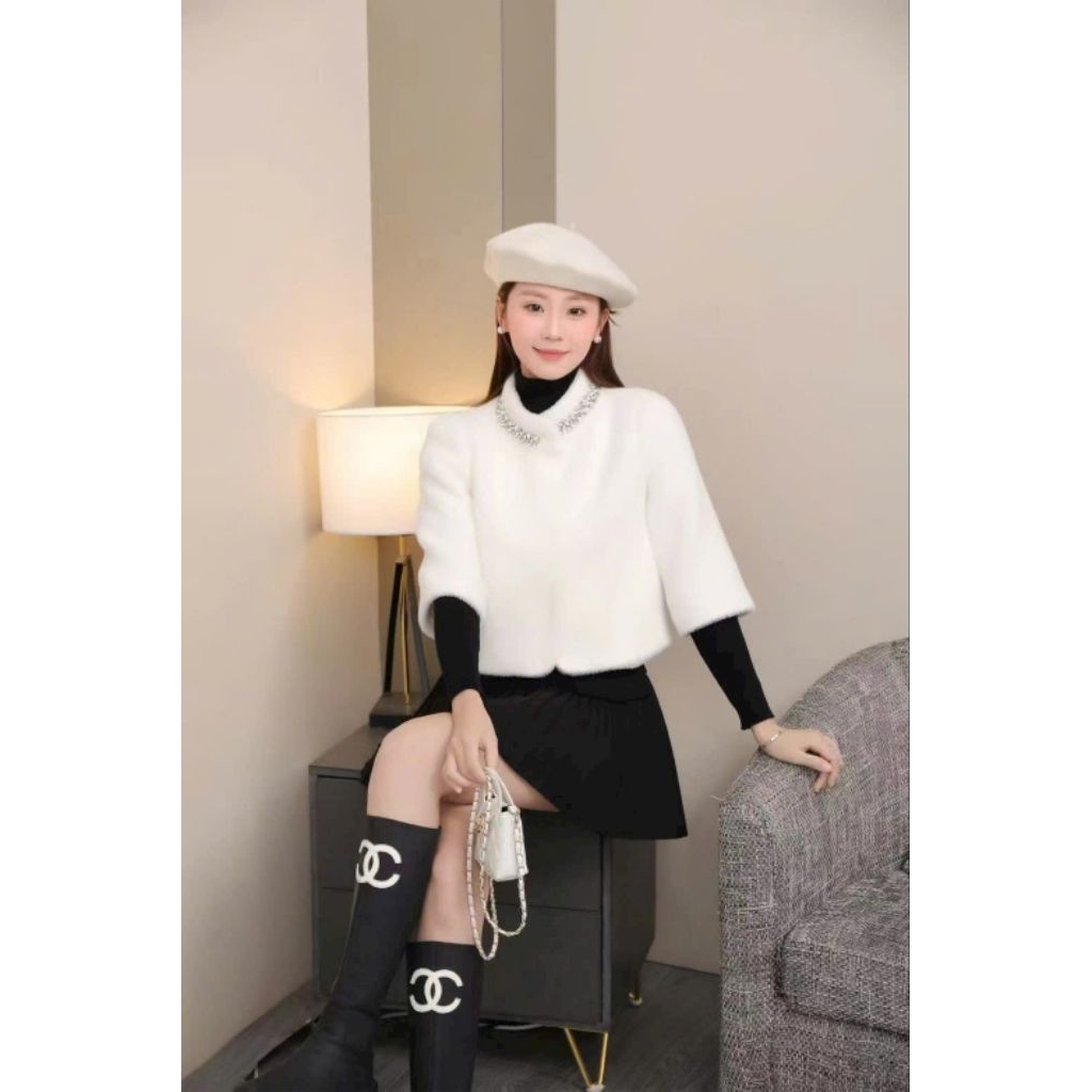 Áo khoác nữ vải dạ lông thỏ cao cấp,cổ đính cườm, áo khoác nữ lông thỏ dáng ngắn