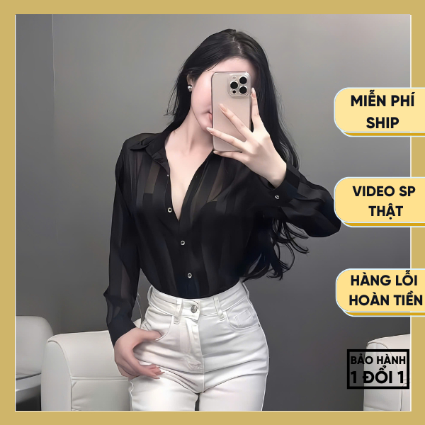 Áo Sơ Mi Nữ Dài Tay Lụa Voan Mỏng Hoạ Tiết Sọc Đen | BigBuy360 - bigbuy360.vn