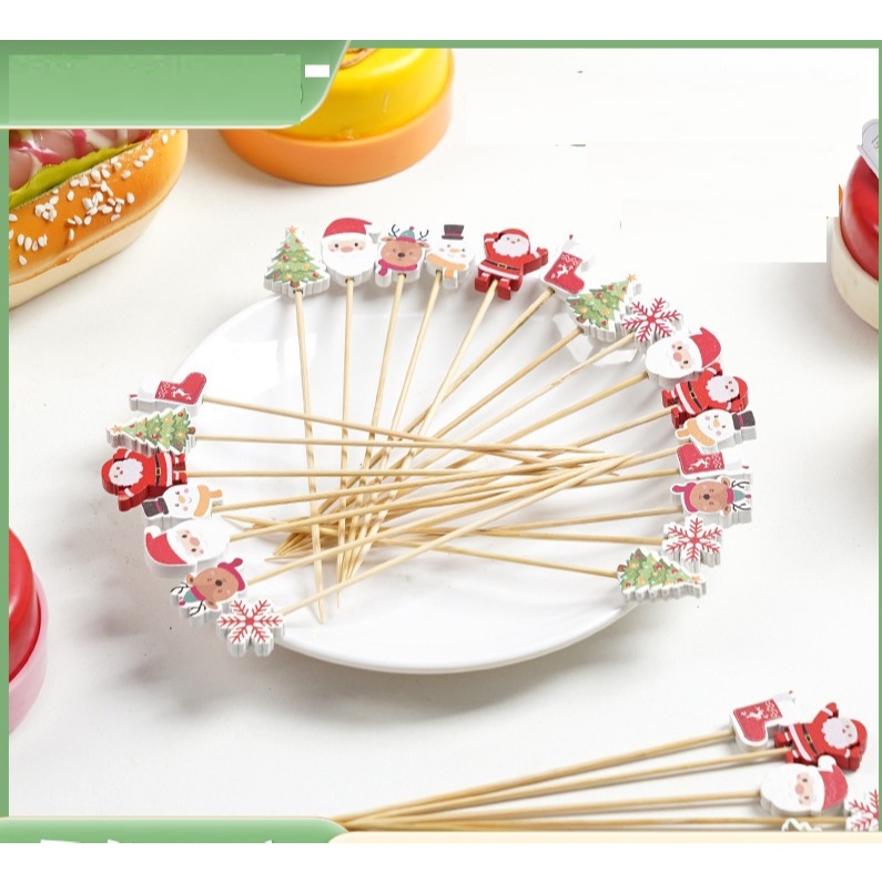 [Sỉ] ( Mẫu Tăm xiên Noel/ Giáng sinh) Túi 100/50 tăm Xiên Que Tre Trang Trí Cocktail Xiên hoa quả de